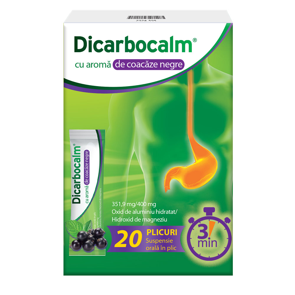 Poza produs Dicarbocalm cu aroma de coacaze negre 351,9 mg/400 mg, Opella Healthcare | 20 plicuri suspensie orala