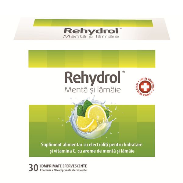 Poza produs Saruri de rehidratare cu menta si lamaie Rehydrol, 30 comprimate efervescente, MBA Pharma
