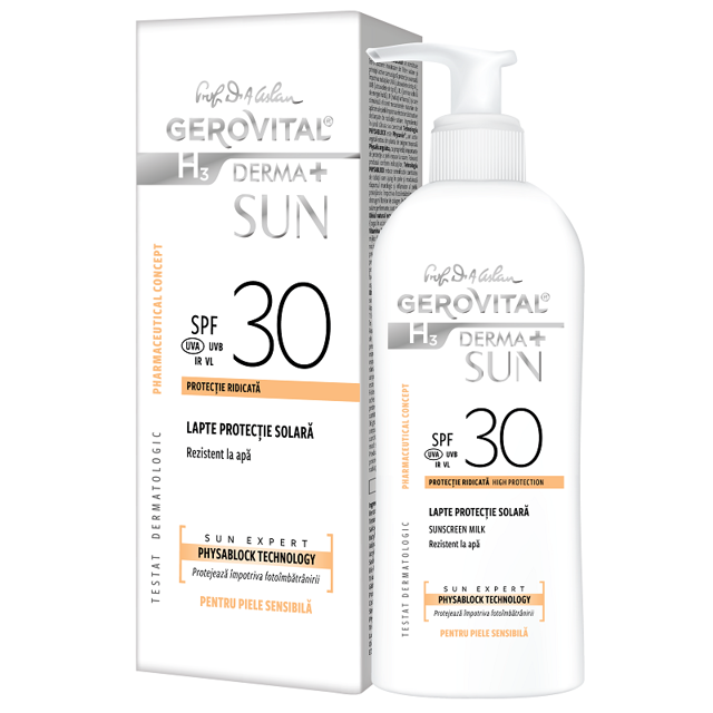 Poza produs Lapte protectie solara SPF 30 H3 Derma+ Sun, Gerovital, Farmec | 150 ml