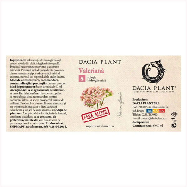 Poza produs Tinctura Valeriana fara alcool, Dacia Plant | 50 ml