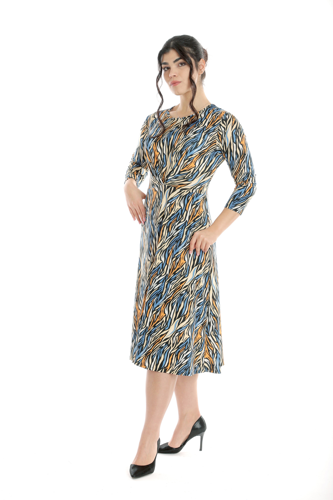 Poza produs Rochie pliuri bust CP24027 albastru/orange animal print, Cesy | marimea S