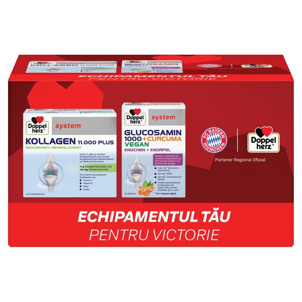Doppelherz System kollagen 11.000 Plus + Doppelherz System glucozamina 1000 + curcuma vegan, Queisser Pharma | 30 flacoane + 60 comprimate