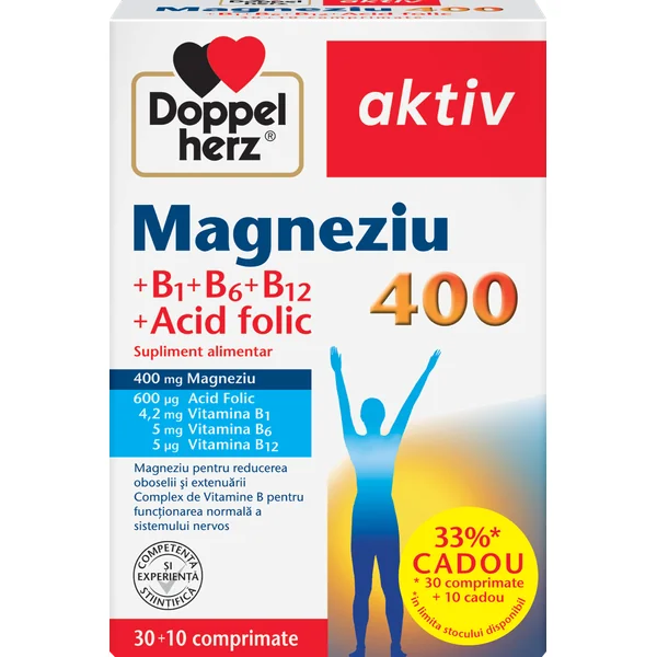 Poza produs Magneziu 400 mg+Acid folic+Vitamina B1+B6+B12, Doppelherz Aktiv | 30 comprimate + 10 comprimate CADOU