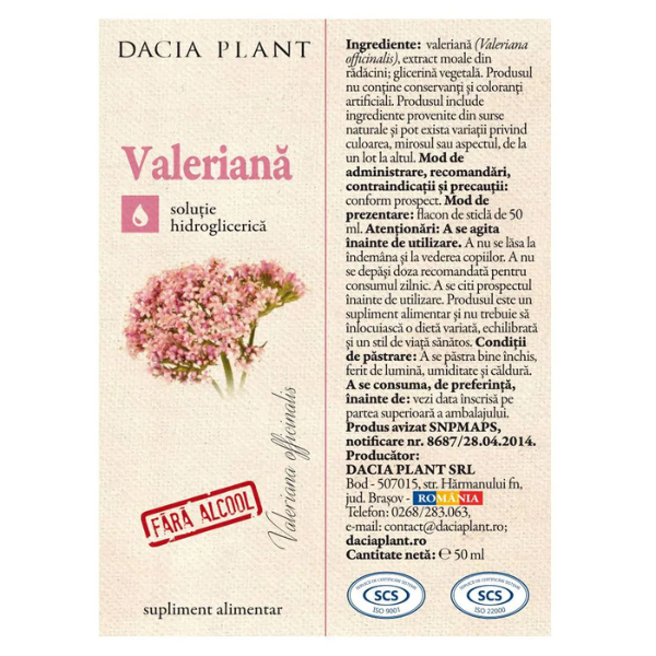 Poza produs Tinctura Valeriana fara alcool, Dacia Plant | 50 ml