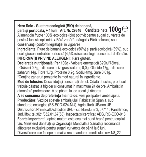 Poza produs Gustare ecologica banana, para si portocala 4+ luni Solo, Hero | 100 g