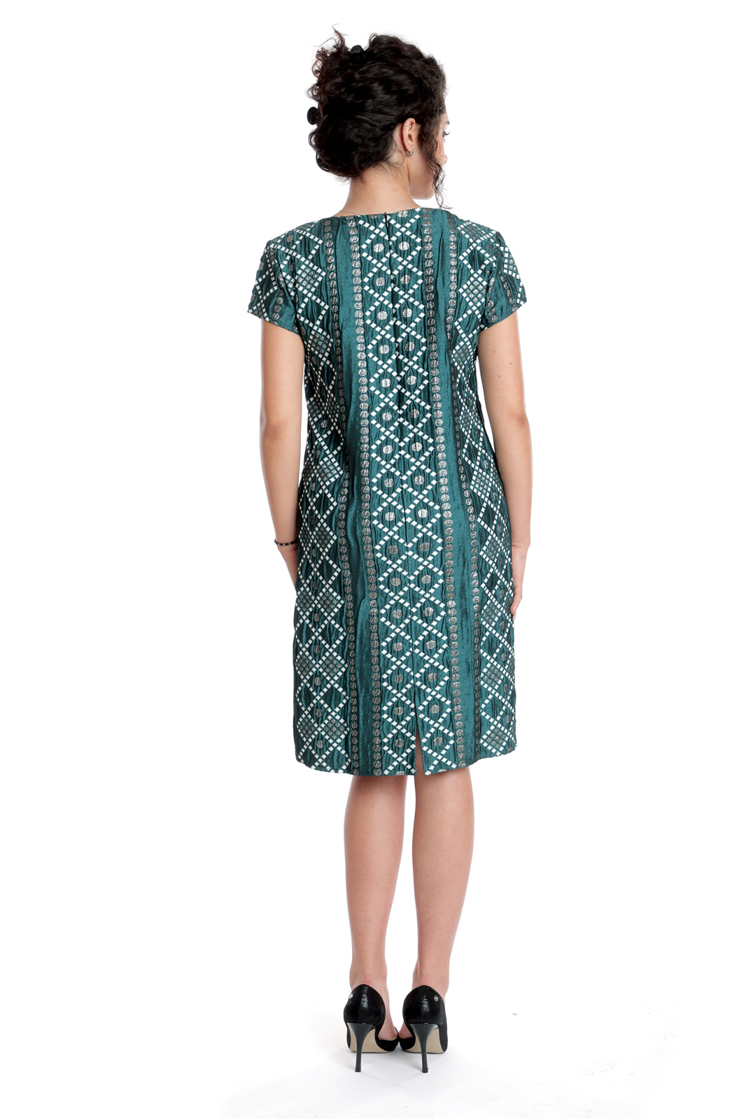 Poza produs Rochie brocart CT23061 verde padure/alb geometric, Cesy | marimea S