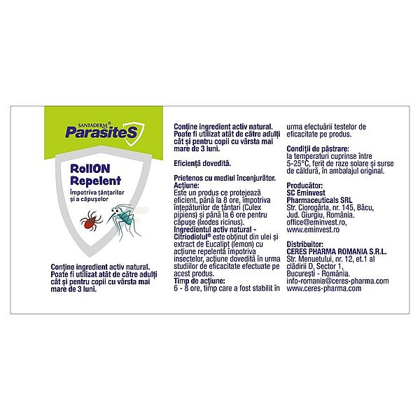 Roll-on repelent impotriva tantarilor si capuselor Parasites Santaderm, Viva Pharma | 60 ml — poza produs 3/3