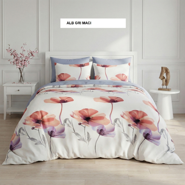Poza produs Lenjerie pat cu husa FINET (6 piese) alb gri maci 180x200 cm, Ralex | 1 buc