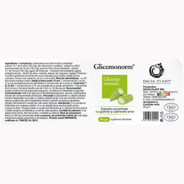 Poza produs Glicemonorm cu extract de castravete amar, Dacia Plant | 120 comprimate