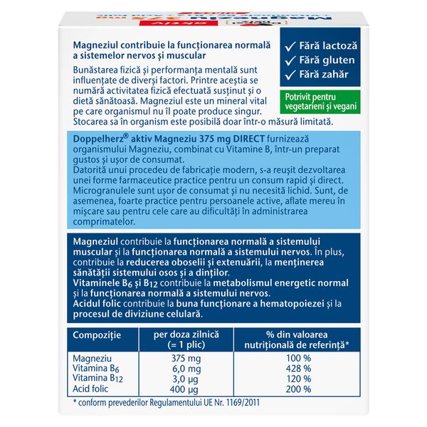 Magneziu 375 mg Direct + Vitaminele B6 + B12 + Acid folic, Doppelherz | 20 plicuri — poza produs 2/4
