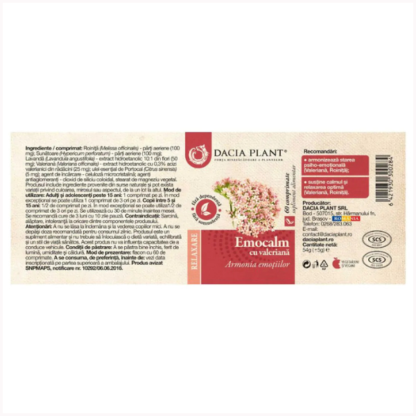 Poza produs Emocalm cu Valeriana, Dacia Plant | 60 comprimate