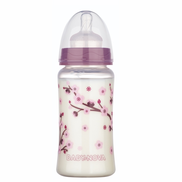 Poza produs Biberon PP fara BPA, decorat, cu gat larg si sistem anticolici 0-24 luni, 48002, Baby Nova | 300 ml