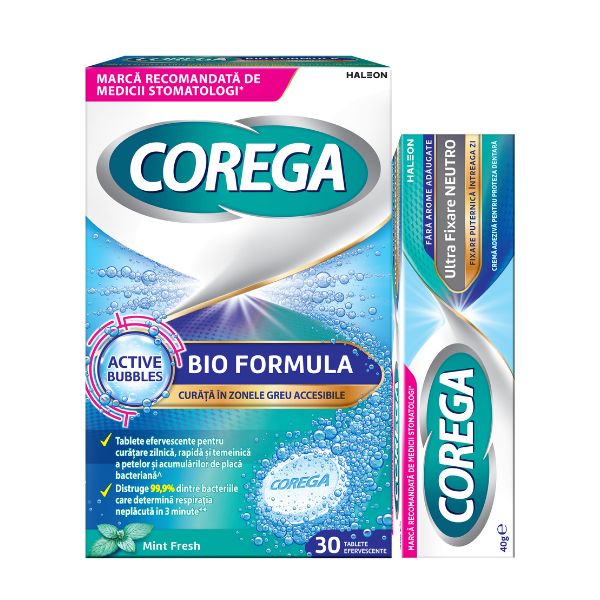 Poza produs Pachet Crema adeziva proteza Corega Neutro 40g + Tablete Efervescente Bio Formula 30 buc, Haleon | pachet crema 40 gr + 30 buc tablete efervescente