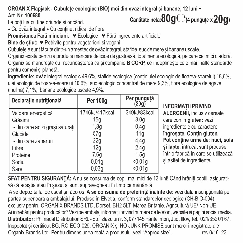 Poza produs CUBULETE ECOLOGICE BIO MOI DIN OVAZ INTEGRAL SI BANANE 12+ LUNI FLAPJACK 4X20G 100680
