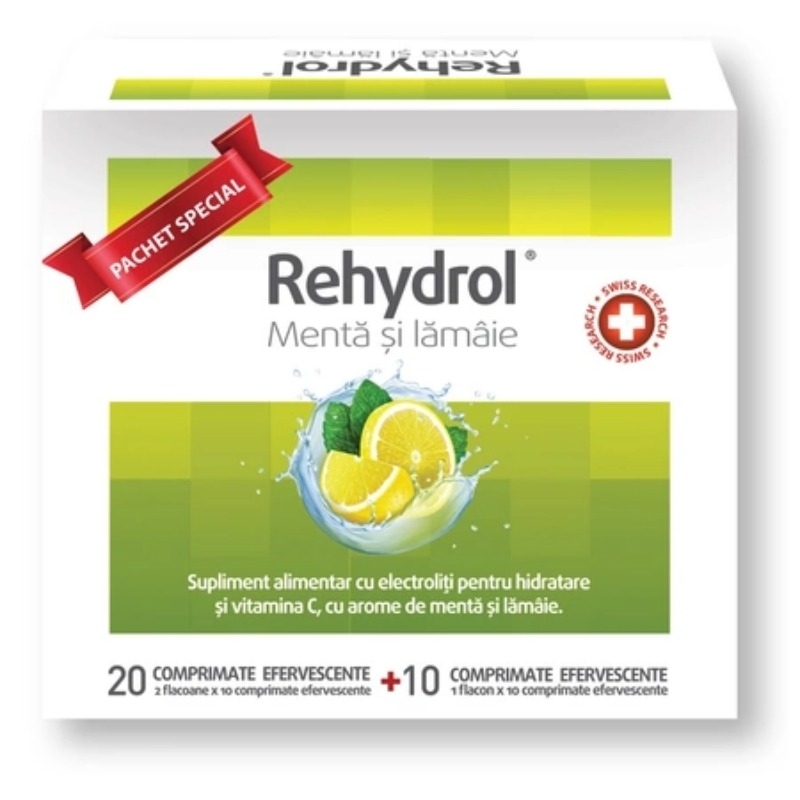 Poza produs Saruri de rehidratare cu menta si lamaie Rehydrol, 20 + 10 comprimate efervescente, MBA Pharma
