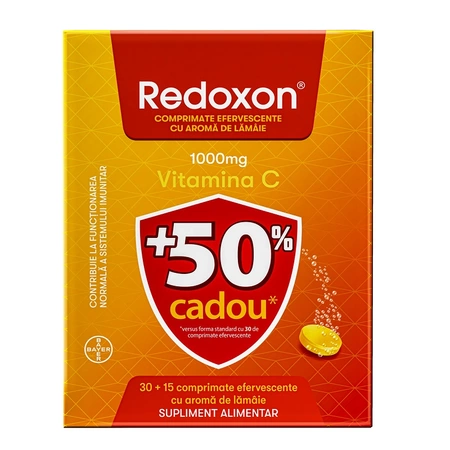Poza produs Redoxon cu aroma de lamaie 1000 mg, 30 + 15 comprimate efervescente CADOU, Bayer