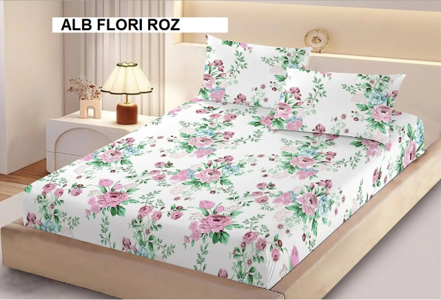 Poza produs Husa de pat Finet + 2 fete de perna alb flori roz 200x160 cm, Ralex | 1 buc