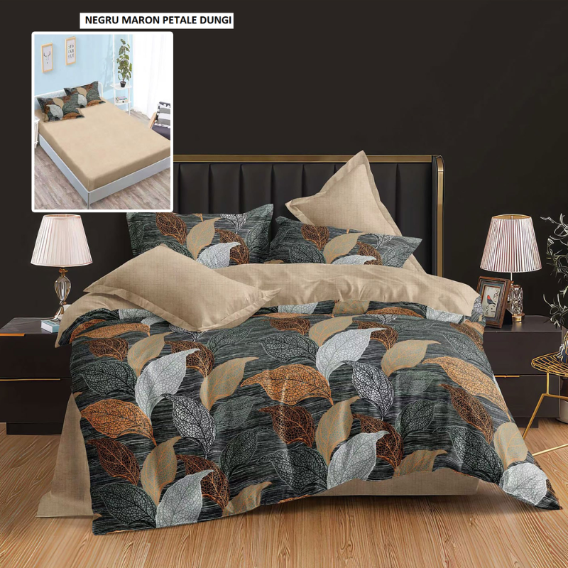 Poza produs Lenjerie pat cu husa FINET (6 piese) negru maron petale dungi 180x200 cm, Ralex | 1 buc