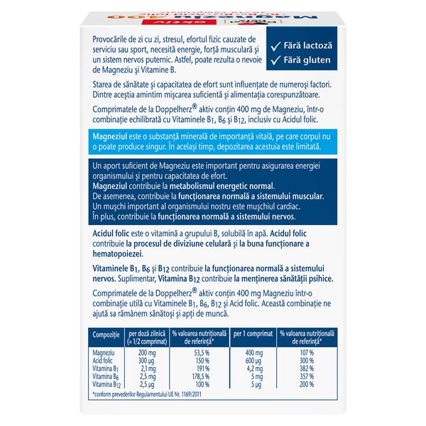 Magneziu 400 mg+Acid folic+Vitamina B1+B6+B12, Doppelherz Aktiv | 30 comprimate + 10 comprimate CADOU — poza produs 2/4