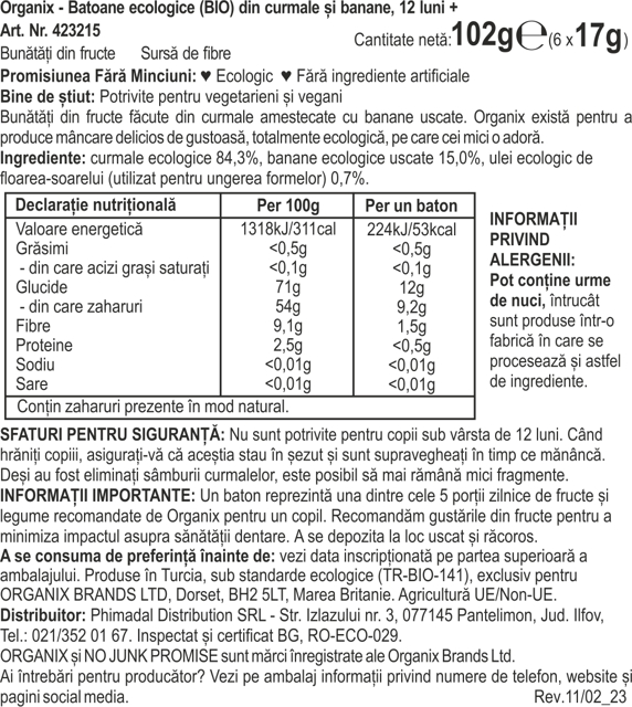 Poza produs BATOANE ECOLOGICE BIO DIN CURMALE SI BANANE 12+ LUNI 6X17G 423215
