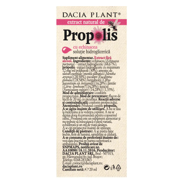 Poza produs Propolis cu Echinacea fara alcool cu picurator, Dacia Plant | 20 ml