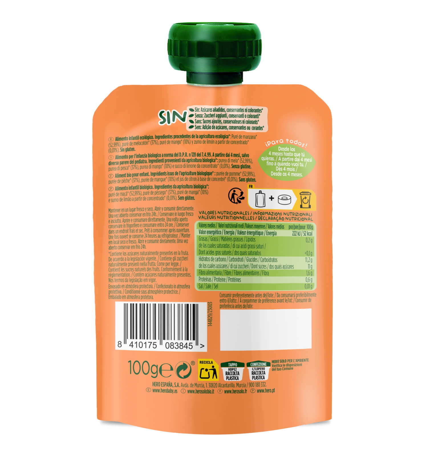 Poza produs Gustare ecologica Mar, Piersica si Mango Solo 4+ luni, Hero |100 g