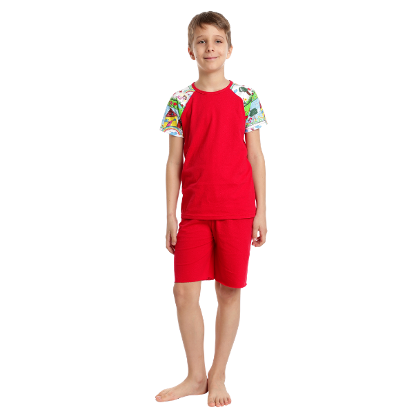 Pijama 3/4 copii AV2332 rosu/imprimeu casute, Andana | marimea 36 (9/10 ani) — poza produs 2/4