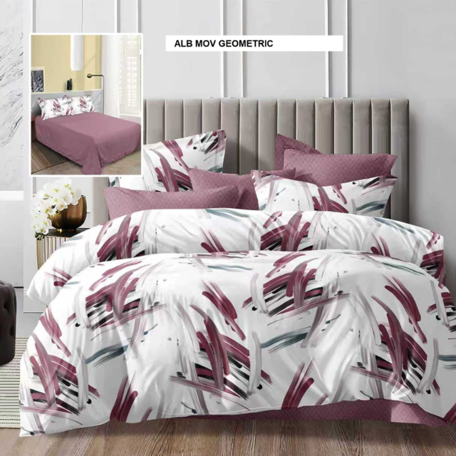 Poza produs Lenjerie de pat ECONOMY alb mov geometric 230x250 cm, Ralex | 1 buc