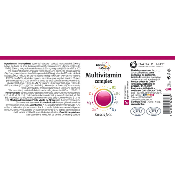 Poza produs Multivitamin Complex cu Acid folic, Dacia Plant | 30 comprimate