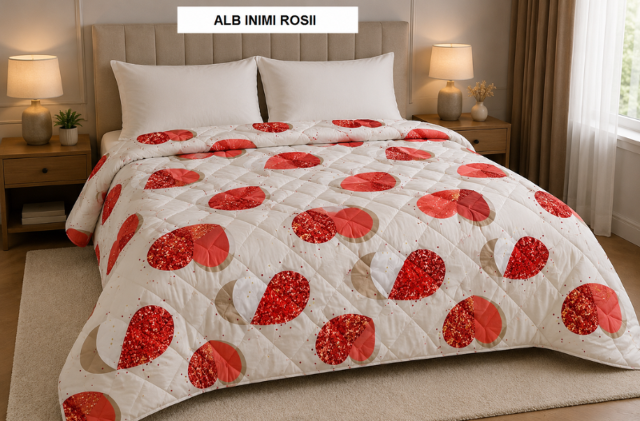 Poza produs Pilota pat 3D 2 persoane alb inimi rosii 200x215 cm, Ralex | 1 buc