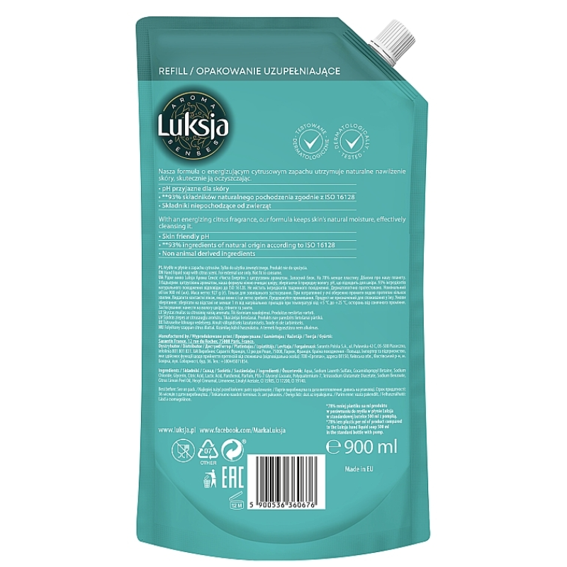 Poza produs Rezerva sapun lichid AROMA SENSES PURELY ENERGIZING Citrice XXL, Luksja | 900 ml