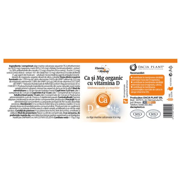 Poza produs Ca si Mg Organic cu Vitamina D, Dacia Plant | 60 comprimate