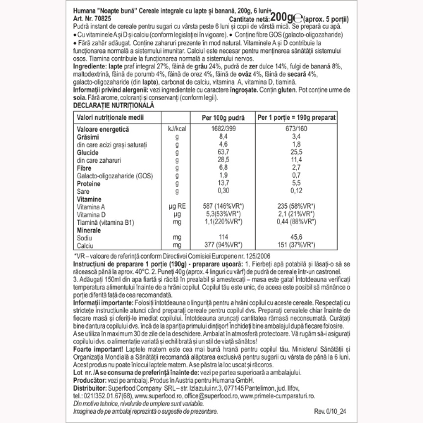 Poza produs Cereale Noapte Buna cu Lapte si Banane 6+ luni, Humana | 200 g