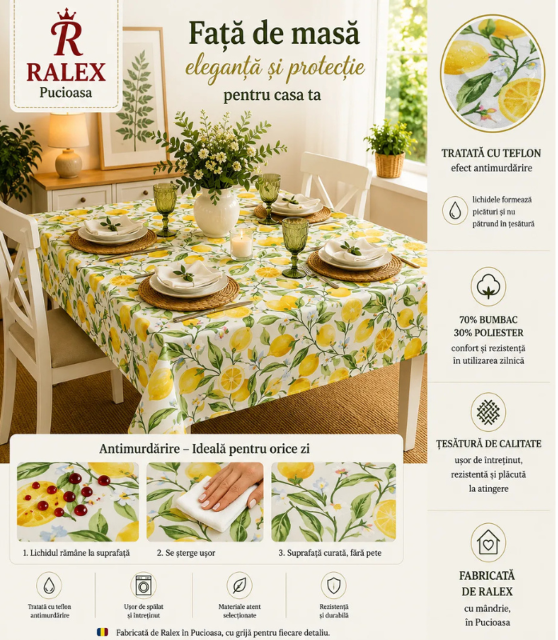 Fata de masa teflonata antimurdarire Crem Lemon 180x240 cm, Ralex | 1 buc — poza produs 2/2