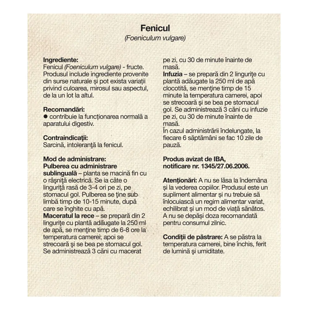 Poza produs Ceai Fenicul, Dacia Plant | 50 g