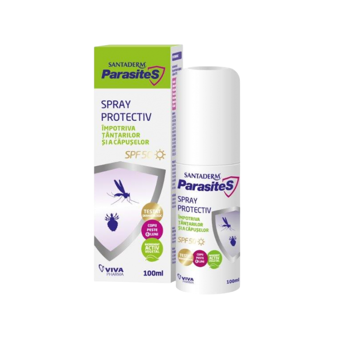 Poza produs Spray protectiv SPF 50 impotriva tantarilor si capuselor Santaderm Parasites, Viva Pharma | 100 ml