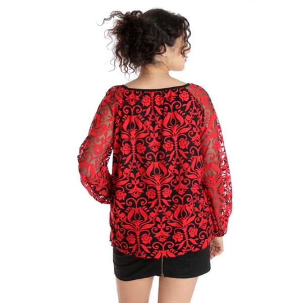Poza produs Bluza tulle & insertie florala CT24100 negru & rosu, Cesy | marimea XXL