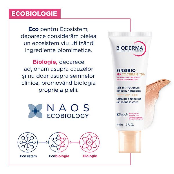 Crema CC pentru piele sensibila cu factor de protectie SPF50+, nuanta Light Tint Sensibio AR+, Bioderma | 40 ml — poza produs 2/14