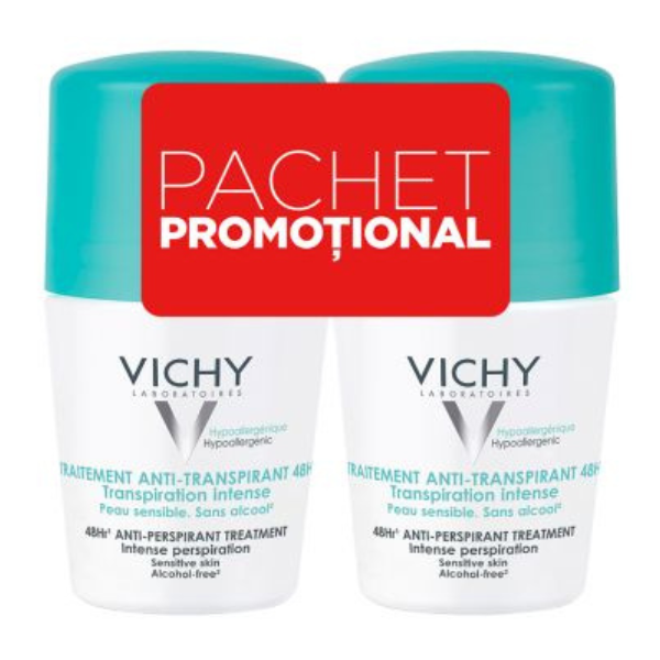 Poza produs Pachet deodorant roll-on antiperspirant 48 ore cu parfum, 1+1, Vichy | 50 ml