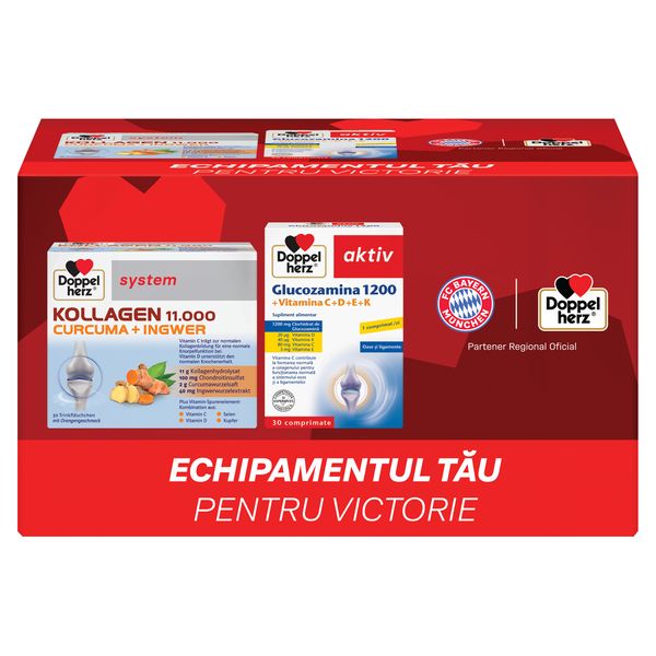 Doppelherz System kollagen 11.000 curcuma + ghimbir + Doppelherz Aktiv glucozamina 1200MG, Queisser Pharma | 30 flacoane + 30 comprimate  — poza produs 1/4
