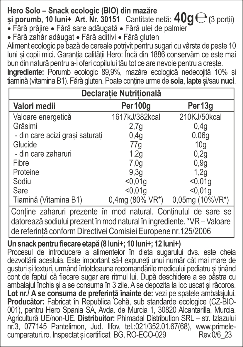 Poza produs Snack Bio din mazare si porumb Solo 10+ luni, Hero | 40 g