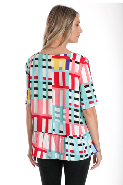 Poza produs Bluza volan CV24056 alb/multicolor cadrilat, Cesy | marimea M