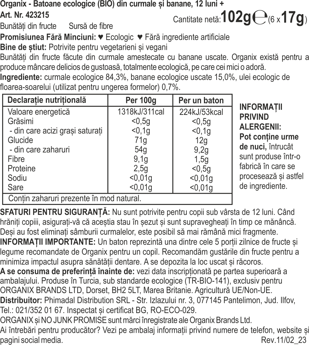 Poza produs BATOANE ECOLOGICE BIO DIN CURMALE SI BANANE 12+ LUNI 6X17G 423215