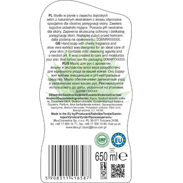 Poza produs Sapun lichid Cirese si Extract de Aloe Vera Naturaphy, Blux | 650 ml