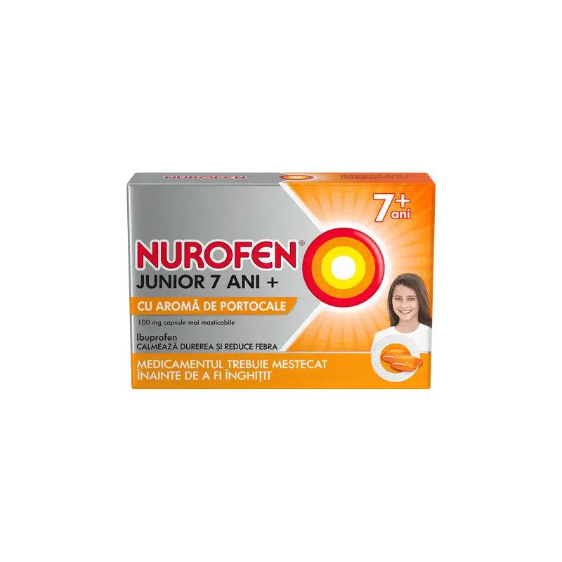 Poza produs Nurofen Junior 100 mg cu portocale 7 ani+ | 12 capsule masticabile
