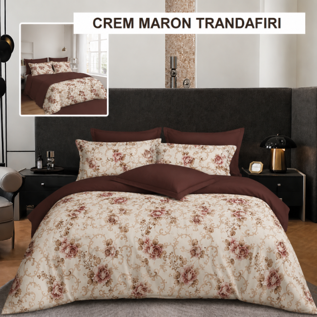 Poza produs Lenjerie pat FINET (6 piese) crem maron trandafiri 230x250 cm, Ralex | 1 buc