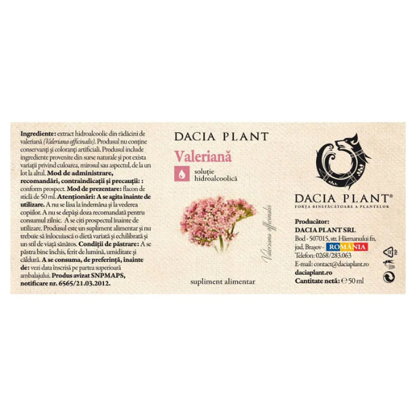 Poza produs Tinctura Valeriana, Dacia Plant | 50 ml