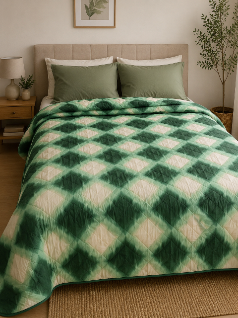 Poza produs Pilota pat 3D 2 persoane verde crem romburi 200x215 cm, Ralex | 1 buc