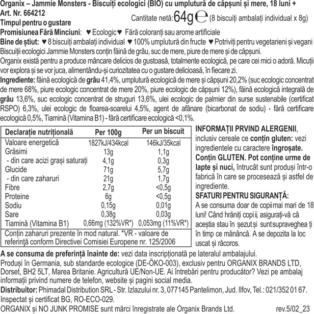 Poza produs BISCUITI ECOLOGICI BIO CU UMPLUTURA DE CAPSUNI SI MERE JAMMIE MONSTERS 18+ LUNI 64G 664212