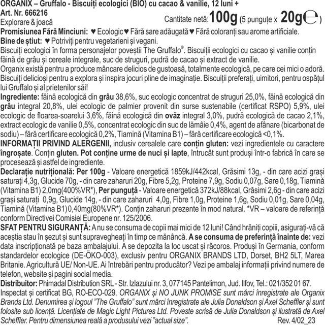 Poza produs BISCUITI ECOLOGICI BIO CU CACAO SI VANILIE GRUFFALO 12+LUNI 5X20G 666216